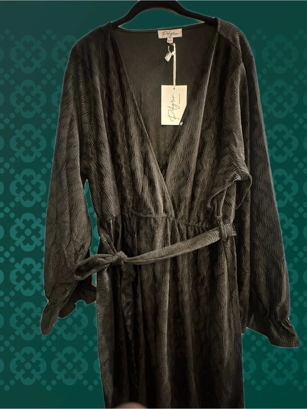 Polagram Black Textured Velvet Faux Wrap Long-Sleeve MIDI Dress w/ Self-Tie Belt